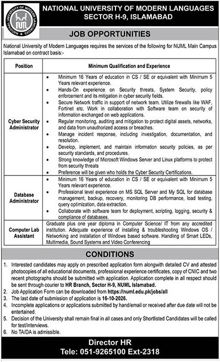 NUML Islamabad Jobs 2026: Cyber Security, DBA, Lab Assistant 1000361786